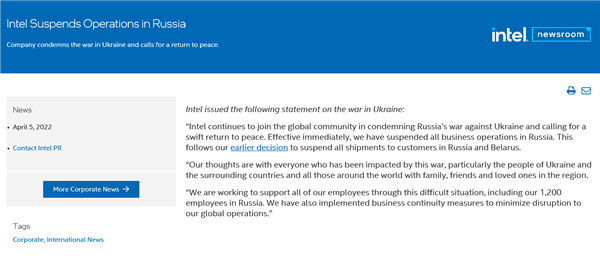 处理器断供之后：Intel暂停在俄罗斯的所有业务！