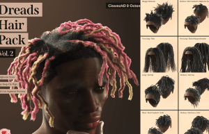 8款真实质感黑人脏辫说唱嘻哈人物发型C4D模型套装Dreads Hair Pack for Cinema4d
