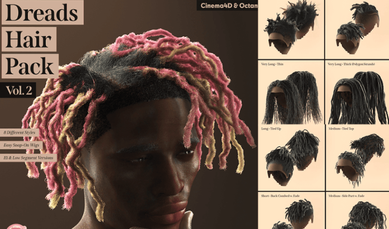 8款真实质感黑人脏辫说唱嘻哈人物发型C4D模型套装Dreads Hair Pack for Cinema4d